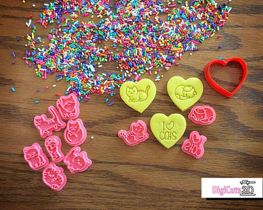 Little Stamps of Cats - 10 stamps + 1 heart cutter - for Cookie dough, clay, fondant and sabon